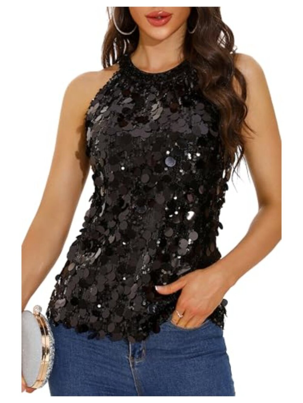 Halter Sequin Tank Top Sleeveless Sparkly Glitter Party Top
